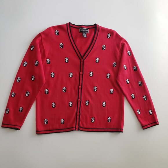 Vintage Terazzo Panda Embroidered Red And Black Cardigan Sweater Size XL - Picture 3 of 12